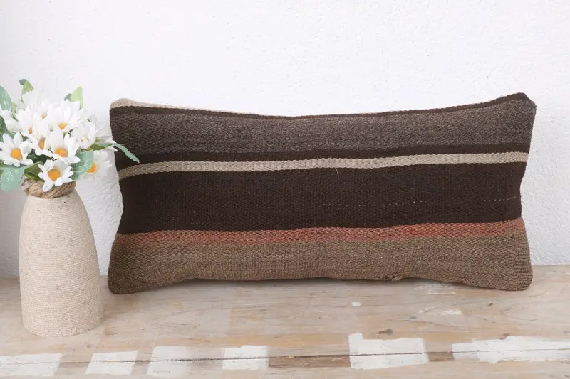 Kilim Pillow, Knitted Cushion Cover, Handmade Kilim Cushion, Vintage Pillow, Outdoor Patio Cushion Case, 8x16 Brown Pillow Case, Pillow Sham - 2
