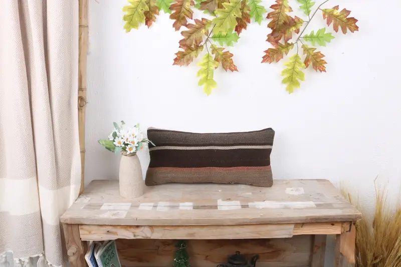 Kilim Pillow, Knitted Cushion Cover, Handmade Kilim Cushion, Vintage Pillow, Outdoor Patio Cushion Case, 8x16 Brown Pillow Case, Pillow Sham - 1