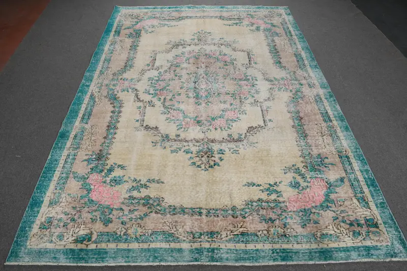 7.3x10.4 ft Rug, Turkish Vintage Oversize Rug, Blue Oushak Wool Rug - 1
