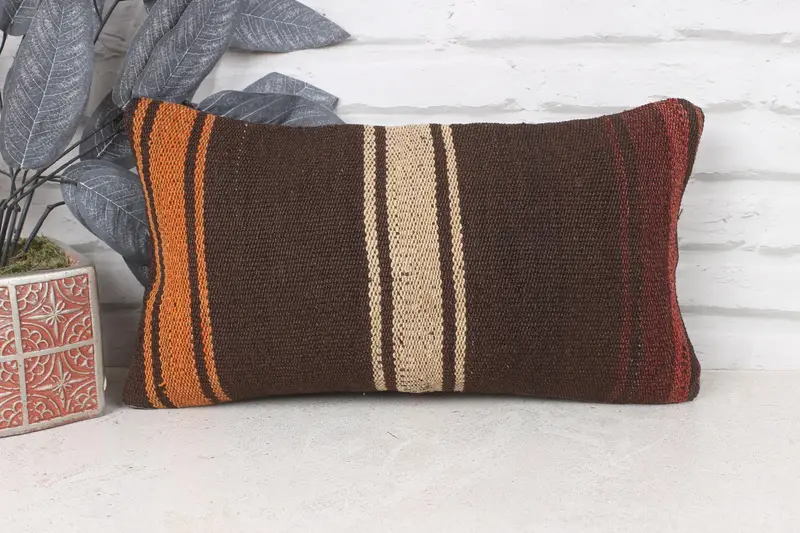 Ethnical Kilim Rug Pillow, Vintage Kilim Throw Pillow, Antique Pillows, Outdoor Pillow Sham, Pillow Case, 8x16 Brown Pillow Cover - 1