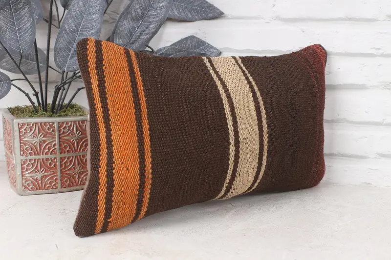 Ethnical Kilim Rug Pillow, Vintage Kilim Throw Pillow, Antique Pillows, Outdoor Pillow Sham, Pillow Case, 8x16 Brown Pillow Cover - 4