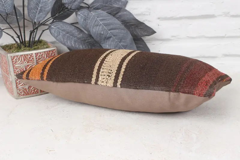 Ethnical Kilim Rug Pillow, Vintage Kilim Throw Pillow, Antique Pillows, Outdoor Pillow Sham, Pillow Case, 8x16 Brown Pillow Cover - 6