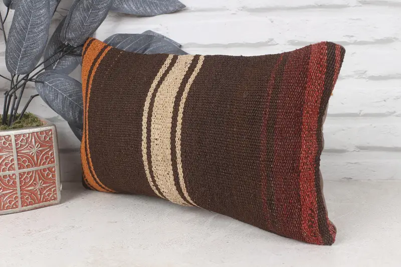 Ethnical Kilim Rug Pillow, Vintage Kilim Throw Pillow, Antique Pillows, Outdoor Pillow Sham, Pillow Case, 8x16 Brown Pillow Cover - 3