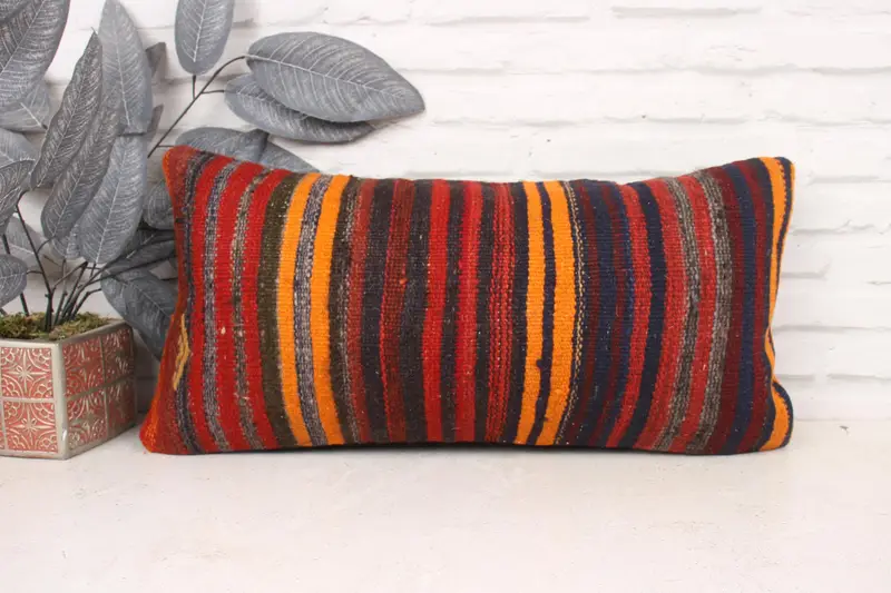 Toss Cushion Cover, Kilim Pillow Cover, 12x24 Red Pillow, One Of A Kind Pillow Case, Pillow for Sofa, Cushion Cover, Kilim Cushion Sham - 1