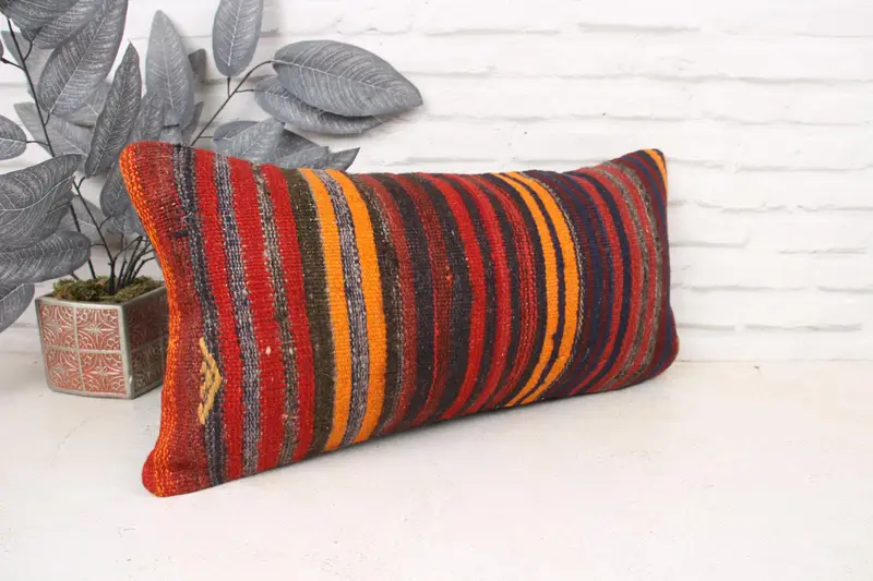Toss Cushion Cover, Kilim Pillow Cover, 12x24 Red Pillow, One Of A Kind Pillow Case, Pillow for Sofa, Cushion Cover, Kilim Cushion Sham - 3