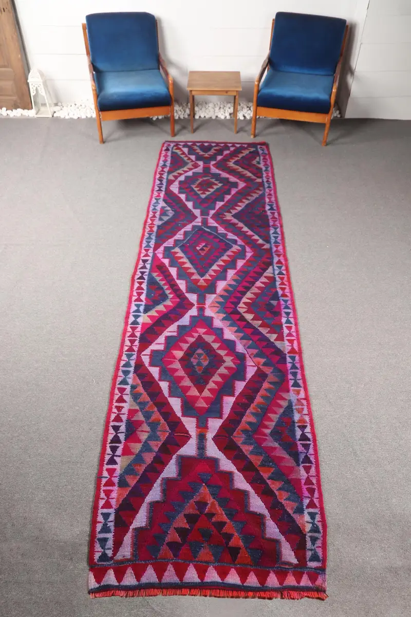 Turkish Vintage Runner Rug 3x11.6 ft, Red Blue Moroccan Rug - 1