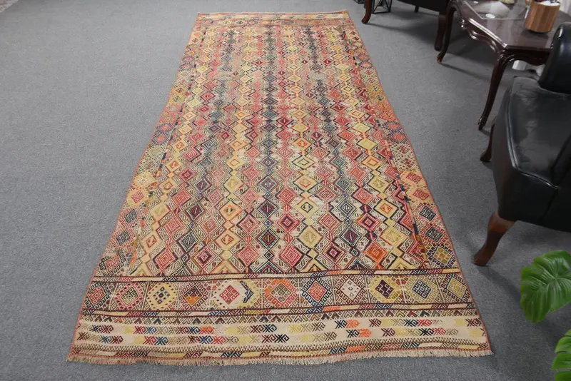 Türk 4.3x10 ft Halı, Büyük Vintage Halı, Kırmızı Mavi Bitkiler ve ağaçlar Halı - 1