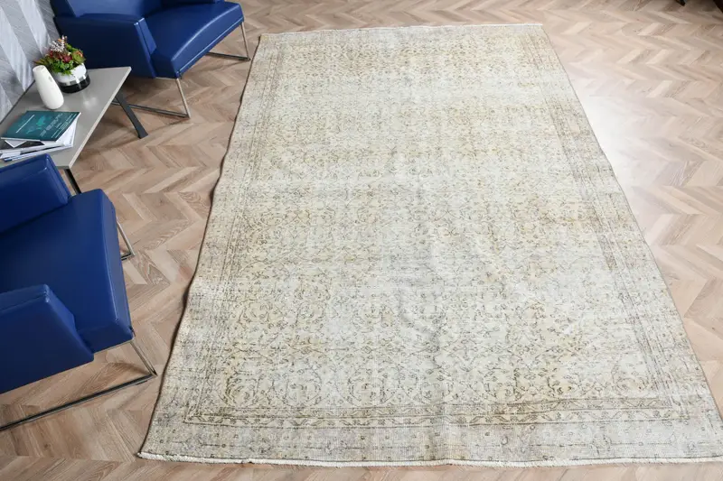 Türk Halısı, 6.2x9.6 ft Büyük Halı, Beyaz Soyut Yün Vintage Halı - 1