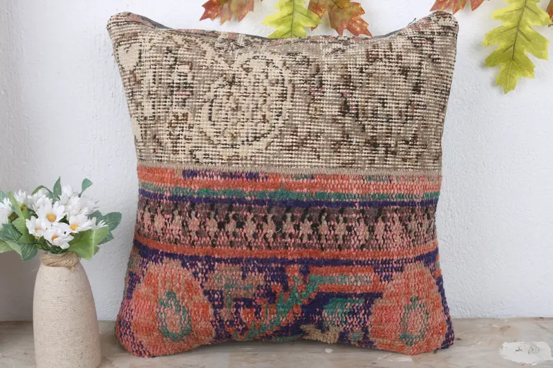 Nomadic Cushion Cover, Boho Pillow, Turkish Kilim Pillow, Pillow, Sustainable Cushion Cover, 16x16 Blue Pillow Sham, Turkish Pillow - 2