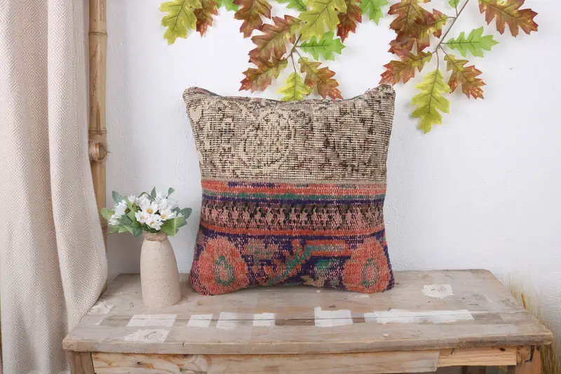 Nomadic Cushion Cover, Boho Pillow, Turkish Kilim Pillow, Pillow, Sustainable Cushion Cover, 16x16 Blue Pillow Sham, Turkish Pillow - 1