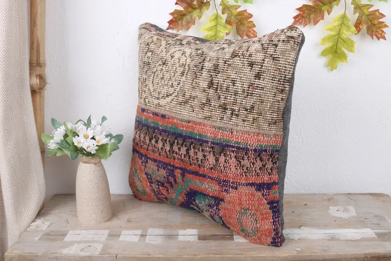 Nomadic Cushion Cover, Boho Pillow, Turkish Kilim Pillow, Pillow, Sustainable Cushion Cover, 16x16 Blue Pillow Sham, Turkish Pillow - 4