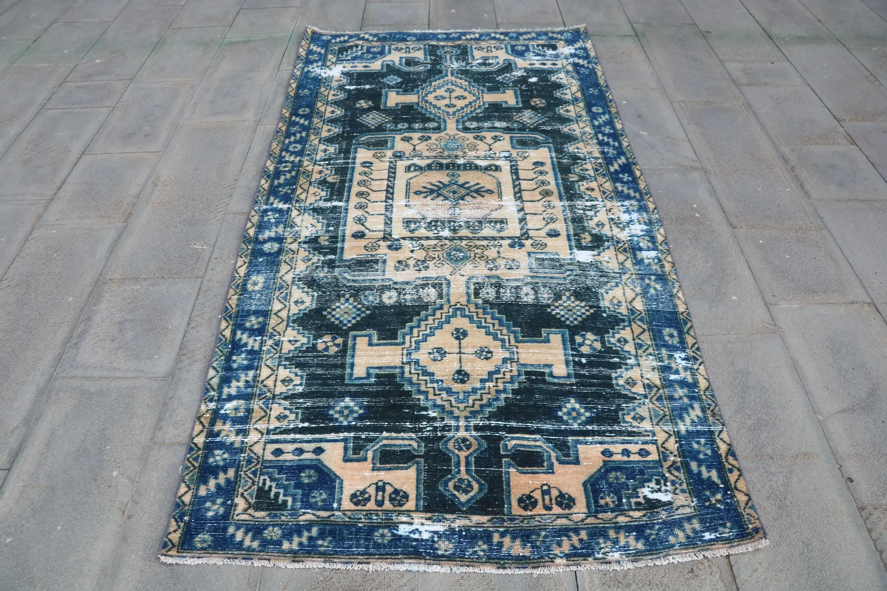 Vintage 3.8x7.6 ft Rug, Turkish Rug, Blue Bordered Rug Wool - 1