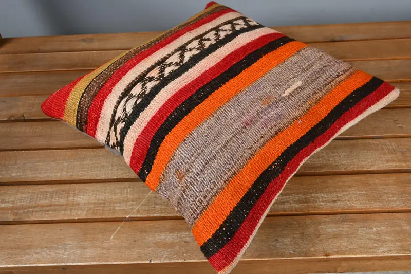Garden Pillow Case, Traditional Cushion, Boho Pillow, 14x14 Orange Cushion Cover, Ethnical Kilim Rug Pillow, Pillow, Handmade Kilim Cushion - 2
