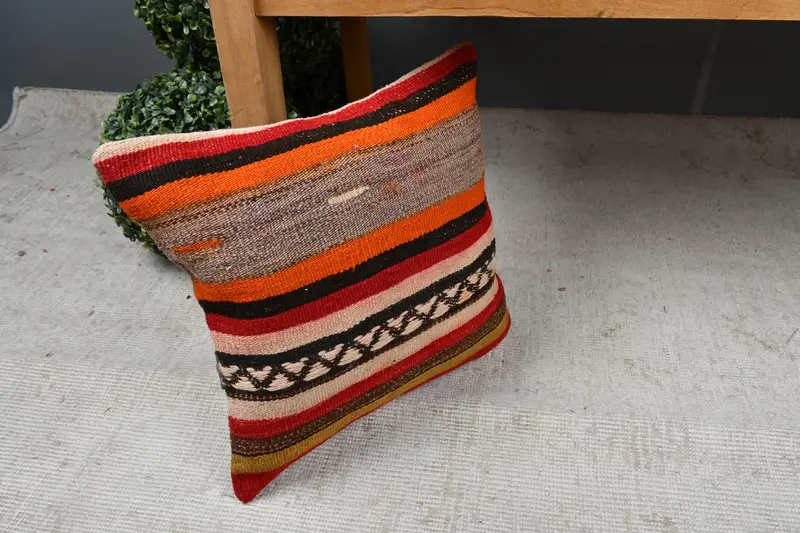 Garden Pillow Case, Traditional Cushion, Boho Pillow, 14x14 Orange Cushion Cover, Ethnical Kilim Rug Pillow, Pillow, Handmade Kilim Cushion - 7