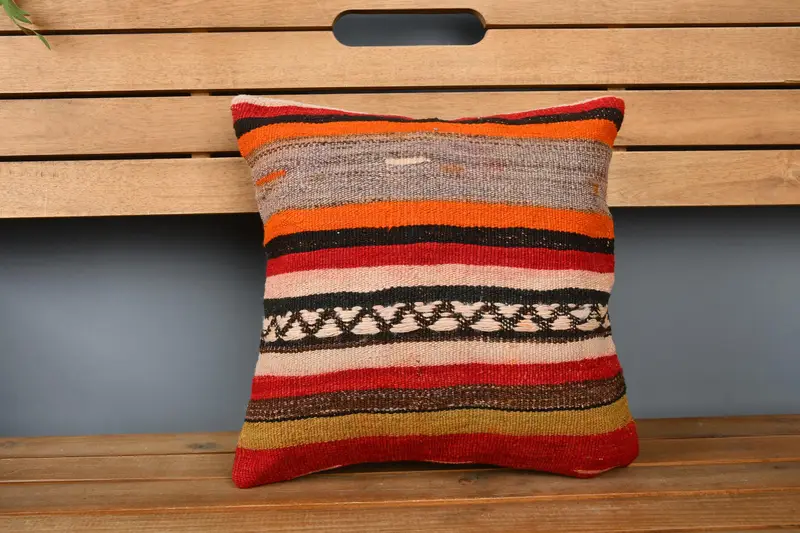 Garden Pillow Case, Traditional Cushion, Boho Pillow, 14x14 Orange Cushion Cover, Ethnical Kilim Rug Pillow, Pillow, Handmade Kilim Cushion - 6