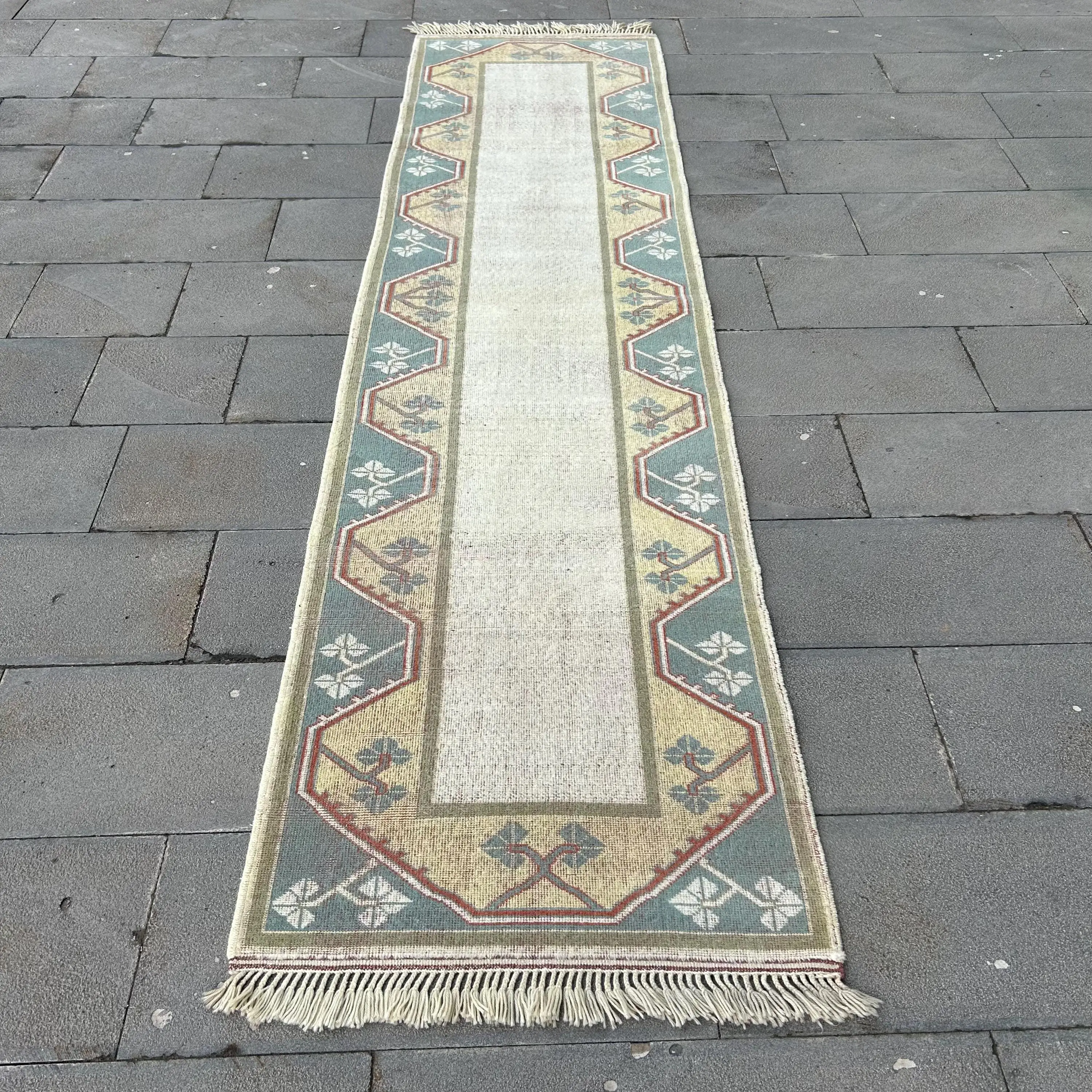 Turkish 2.6x10.1 ft Rug, Vintage Rug, Green Abstract Wool Rug - 1