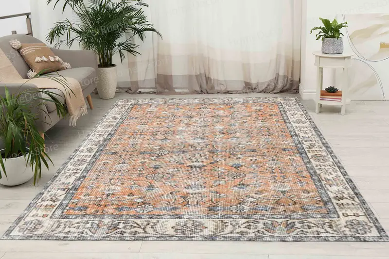 Floral Orange Ethnic Pattern Boho Printed Rug, Gray Faded
