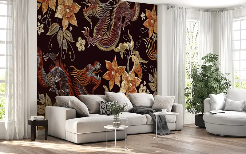 Chinese Dragon Wall Paper, Japanese Pattern Wall Print, Modern Wall Painting, Asian Dragon Pattern Wall Paper, Abstract Wall Painting, - 5
