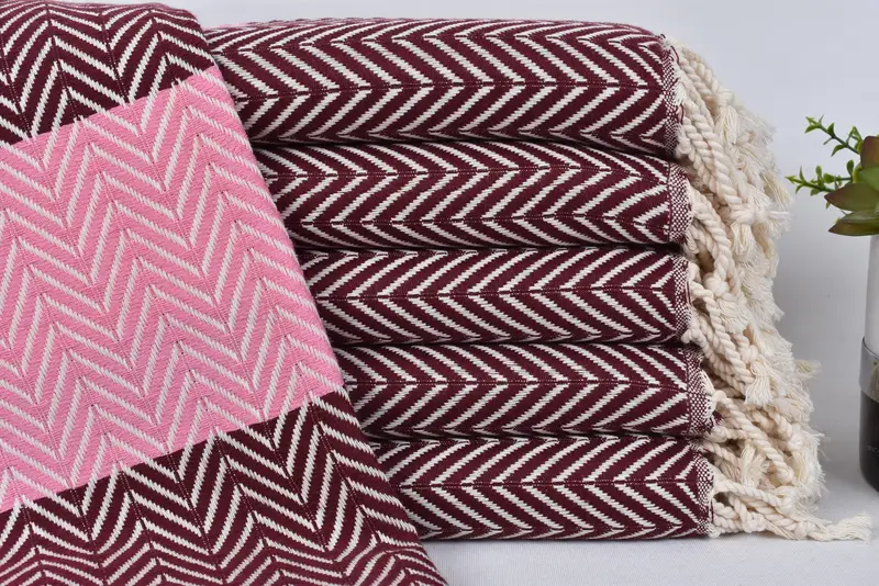 Beach Towel Monogrammed Turkish Cotton Burgundy-Pink Chevron, 70x40 Inches