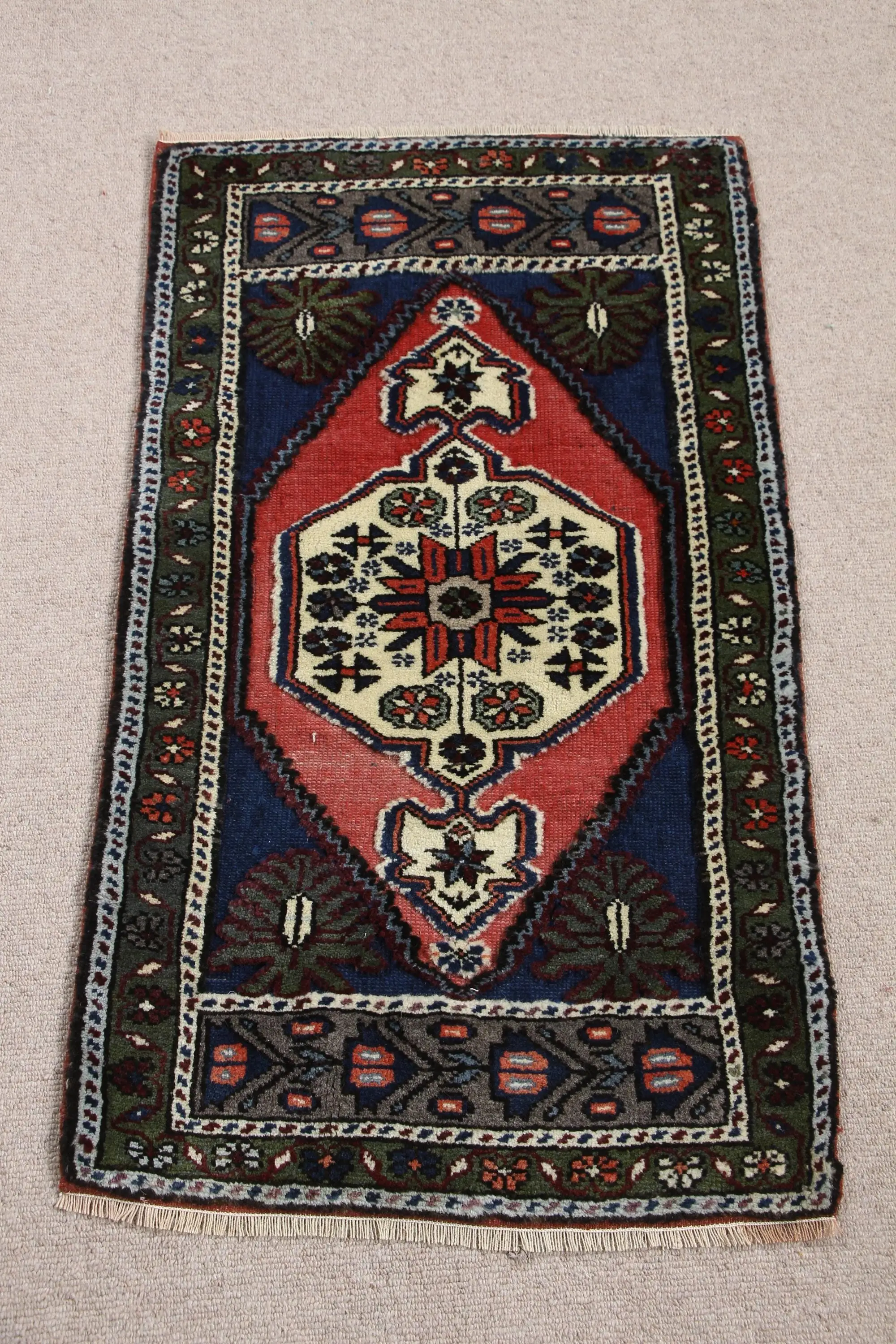 Türkischer Teppich, 1,9x3,2 ft kleiner Vintage Teppich, blau rot gepunkteter Teppich - 1
