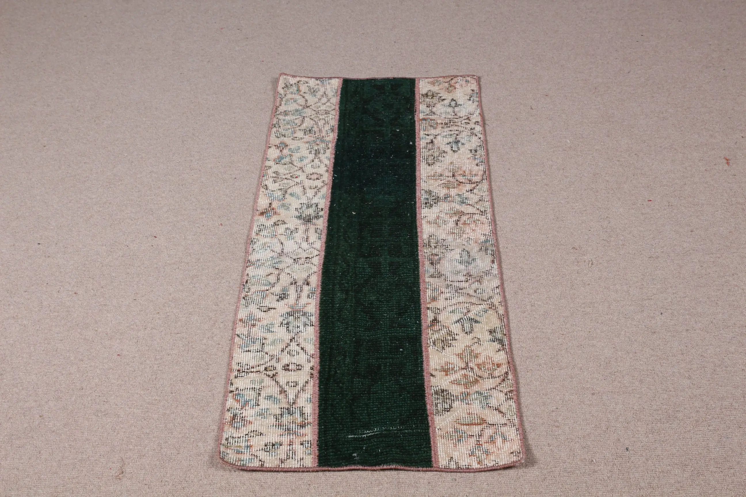 Vintage Rug, 1.8x4.1 ft Small Turkish Rug, Green White Abstract Rug - 1