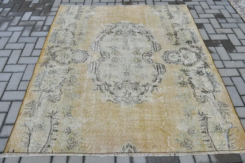 Vintage Halı, Alan 5.4x6.1 ft Türk Halısı, Kahverengi Gri Kamuflaj Yün Halı - 1