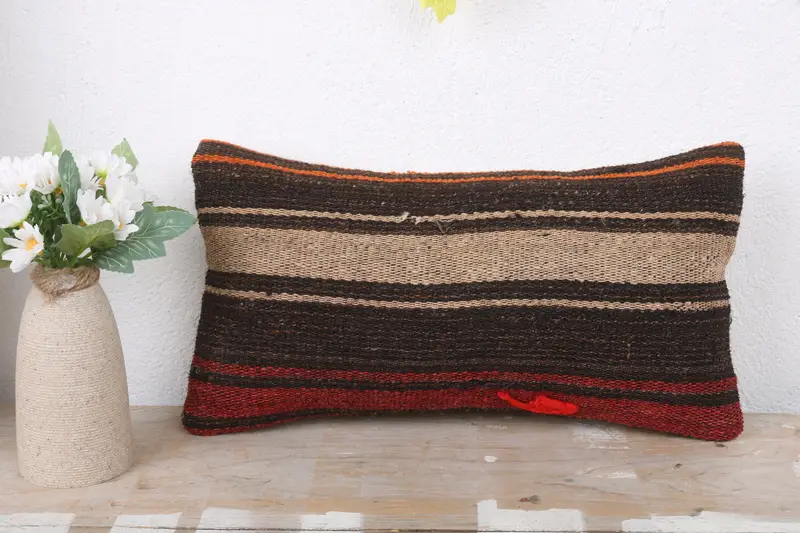 Kilim Pillow Cover, Vintage Kilim Throw Pillow, Authentic Cushion Cover, Boho Pillow Sham Cover, Cushion Case, 8x16 Brown Pillow Cover - 2