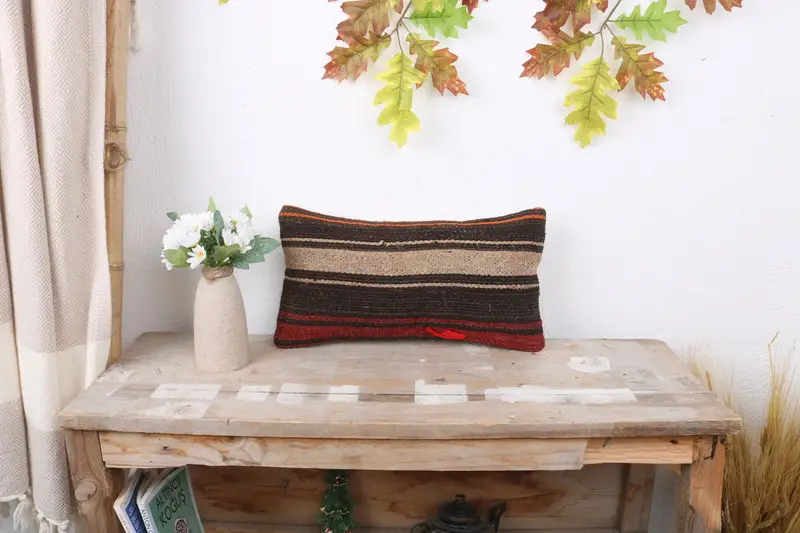 Kilim Pillow Cover, Vintage Kilim Throw Pillow, Authentic Cushion Cover, Boho Pillow Sham Cover, Cushion Case, 8x16 Brown Pillow Cover - 1