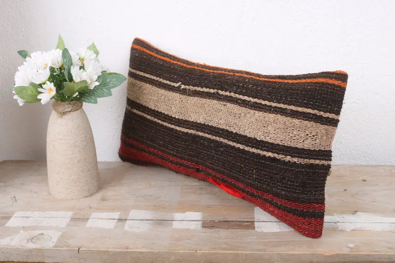 Kilim Pillow Cover, Vintage Kilim Throw Pillow, Authentic Cushion Cover, Boho Pillow Sham Cover, Cushion Case, 8x16 Brown Pillow Cover - 4