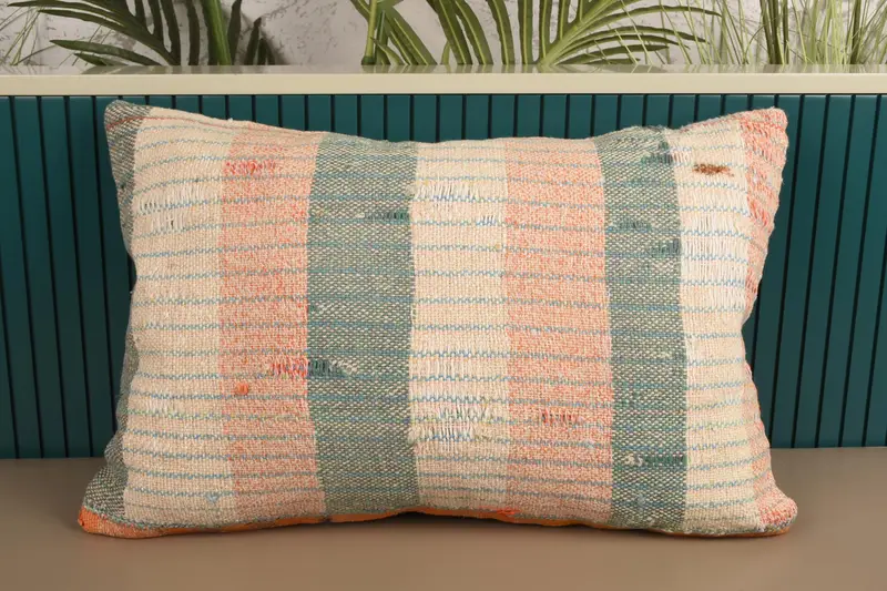 Vintage Green Woven Cushion, Antique Striped 16x24 inch Pillowcase - 1