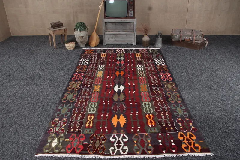 Alfombra turca vintage, alfombra grande de 5,9x10,2 pies, alfombra de lana de plantas y árboles de naranja rojo - 1
