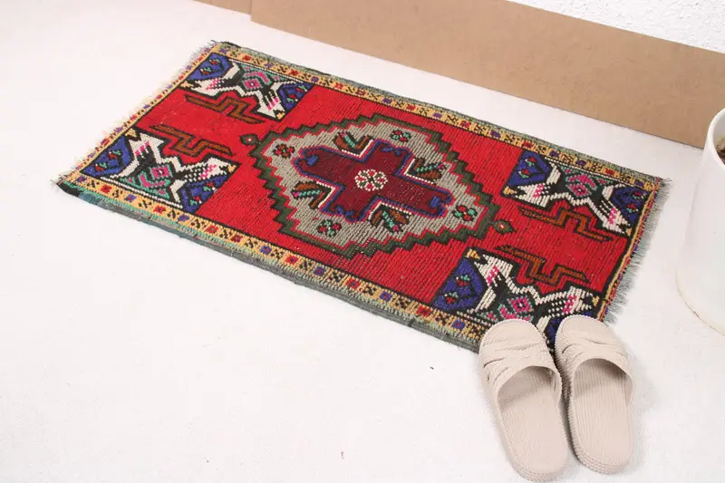 Türkischer 1,7x3 ft kleiner Teppich, Vintage Teppich, Oushak Roter Tierdruck Teppich - 1
