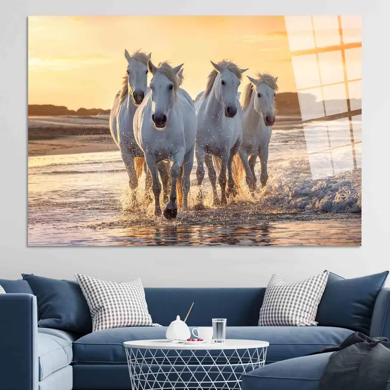 Sonnenuntergang-Meerblick-Pferd-Leinwand: Elegante Stranddekor-Kunst
