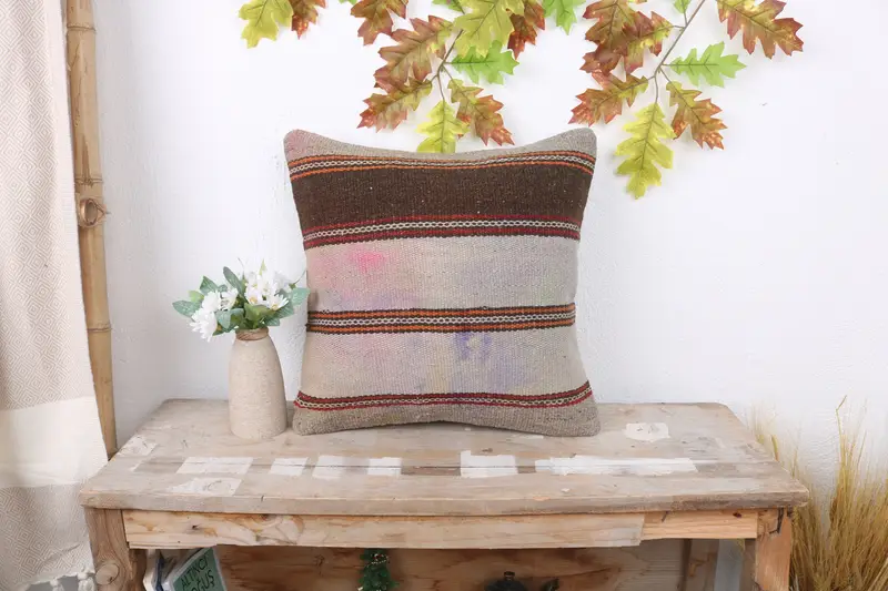 Turkish Bench Pillow, Turkish Kilim Pillow, Throw Kilim Pillow, Vintage Kilim Throw Pillow, Pillow, 16x16 Beige Cushion Cover, Floor Pillow Sham - 1