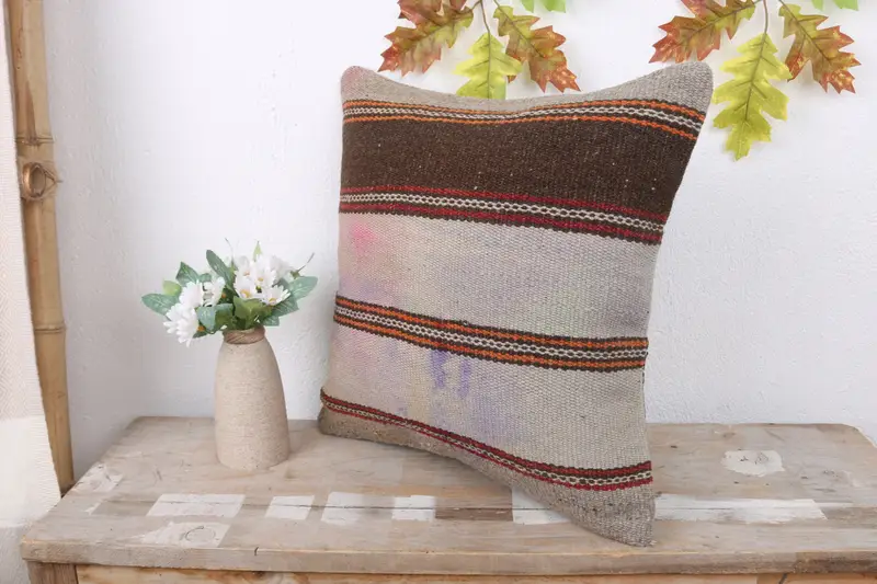 Turkish Bench Pillow, Turkish Kilim Pillow, Throw Kilim Pillow, Vintage Kilim Throw Pillow, Pillow, 16x16 Beige Cushion Cover, Floor Pillow Sham - 4