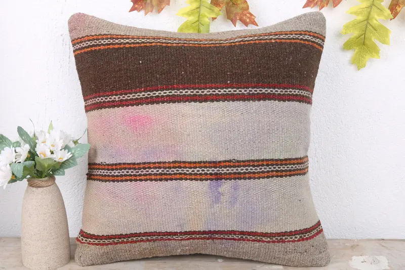 Turkish Bench Pillow, Turkish Kilim Pillow, Throw Kilim Pillow, Vintage Kilim Throw Pillow, Pillow, 16x16 Beige Cushion Cover, Floor Pillow Sham - 2