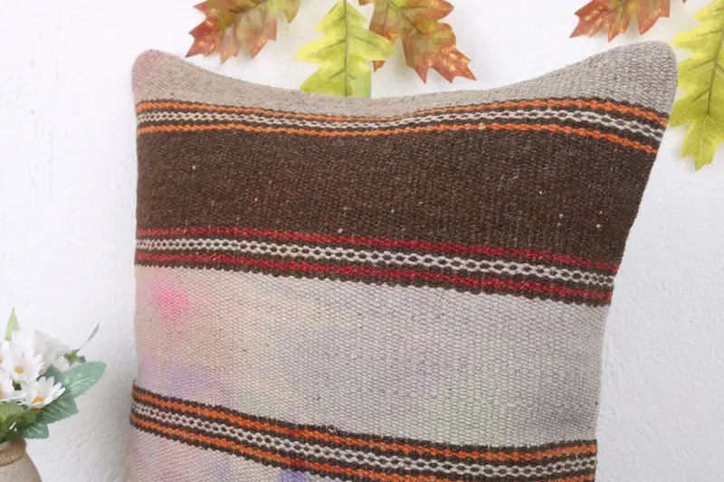 Turkish Bench Pillow, Turkish Kilim Pillow, Throw Kilim Pillow, Vintage Kilim Throw Pillow, Pillow, 16x16 Beige Cushion Cover, Floor Pillow Sham - 5