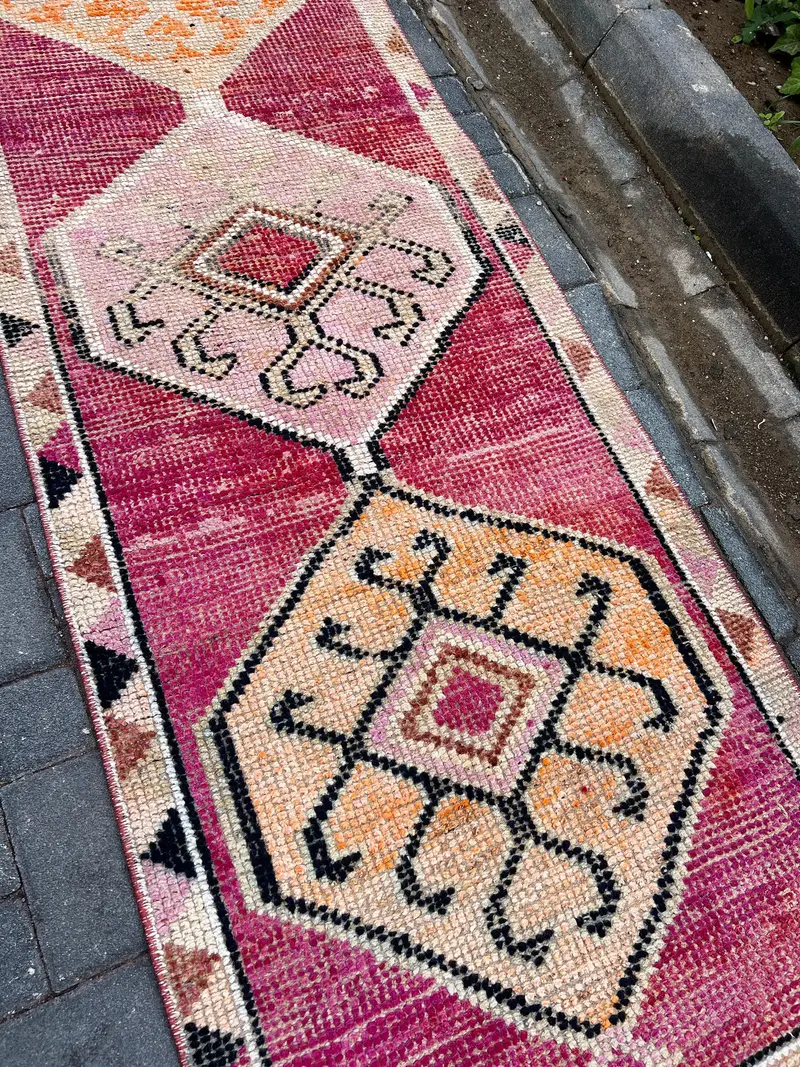 2.6x10 ft Rug, Vintage Turkish Rug, Red Herki Wool Rug - 1