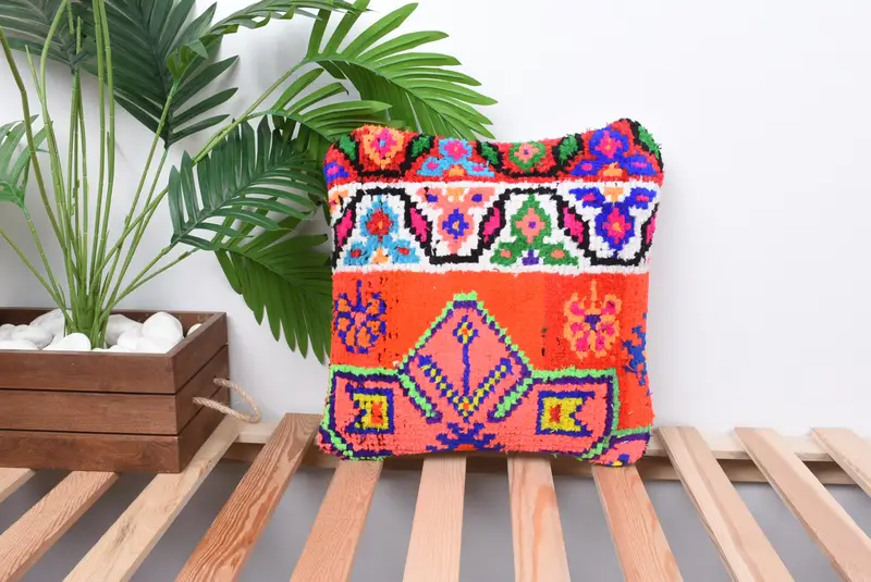 Living Room Throw Pillow Sham, Boho Pillow Sham Cover, Kilim Pillow Cover, Cushion, Boho Pillow, 14x14 Orange Cushion, Kilim Rug Cushion Cover - 1