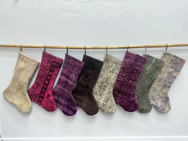 Beige Christmas Stocking with Brown Ornaments, 7-Inch Wide Holiday Decor