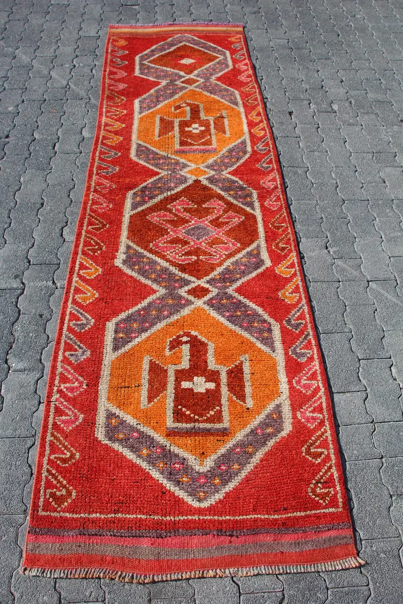 2.8x9.3 ft Vintage Rug, Runner Turkish Rug, Red Bordered Rug - 1