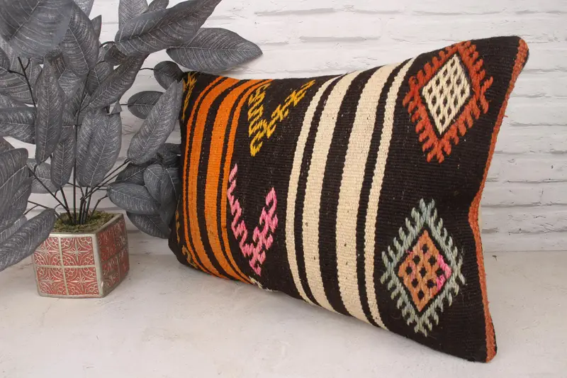 Lanza almohada de kilim, cubierta de cojín de banco, estuche de cojín de lanzamiento de diseñador, almohada de alfombra de kilim étnico, caja de almohada marrón 16x24, almohada para sofá, almohada - 6