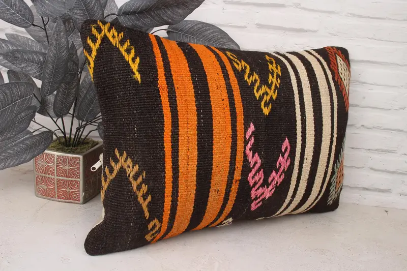 Lanza almohada de kilim, cubierta de cojín de banco, estuche de cojín de lanzamiento de diseñador, almohada de alfombra de kilim étnico, caja de almohada marrón 16x24, almohada para sofá, almohada - 5
