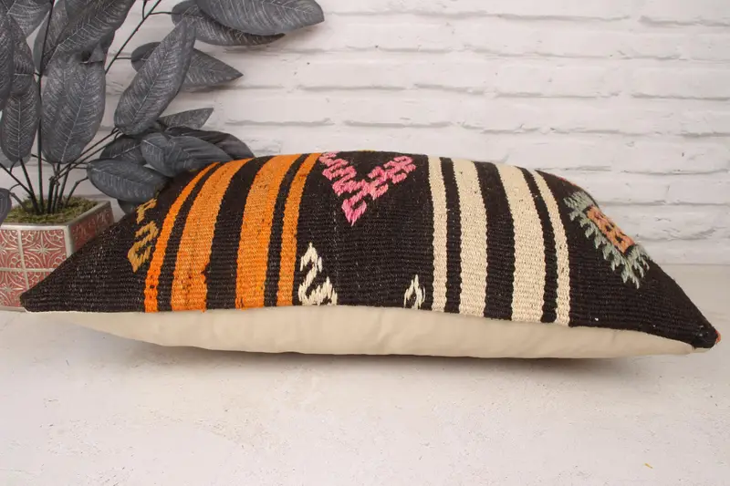 Lanza almohada de kilim, cubierta de cojín de banco, estuche de cojín de lanzamiento de diseñador, almohada de alfombra de kilim étnico, caja de almohada marrón 16x24, almohada para sofá, almohada - 3