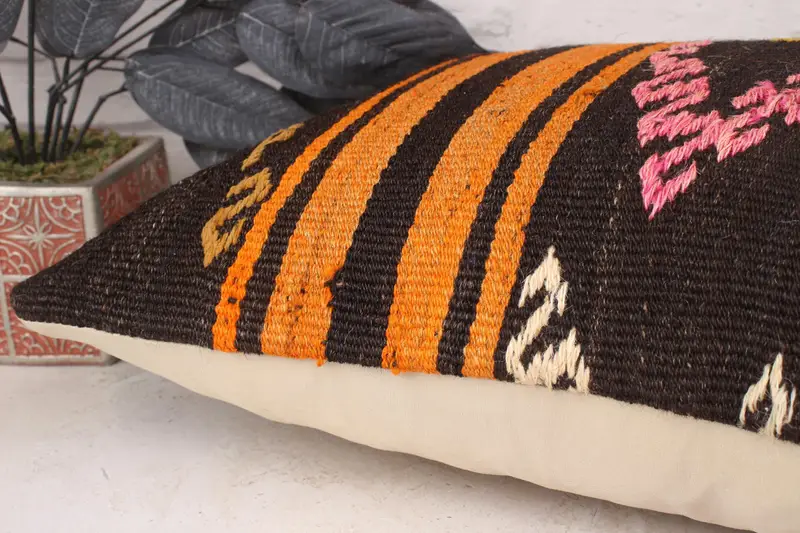 Lanza almohada de kilim, cubierta de cojín de banco, estuche de cojín de lanzamiento de diseñador, almohada de alfombra de kilim étnico, caja de almohada marrón 16x24, almohada para sofá, almohada - 4