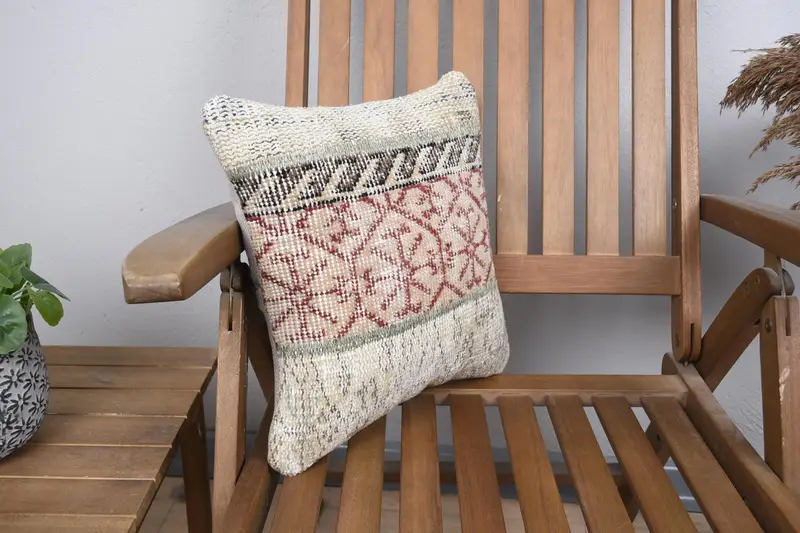 14x14 Beige Cushion, Ethnic Pillow, Oriental Pillow Sham, Handwoven Pillow Case, Kilim Cushion Sham, Turkish Kilim Pillow, Gift Pillow, Pillow Case - 2