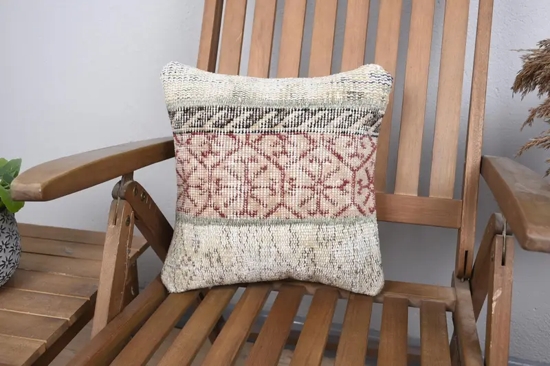 14x14 Beige Cushion, Ethnic Pillow, Oriental Pillow Sham, Handwoven Pillow Case, Kilim Cushion Sham, Turkish Kilim Pillow, Gift Pillow, Pillow Case - 1