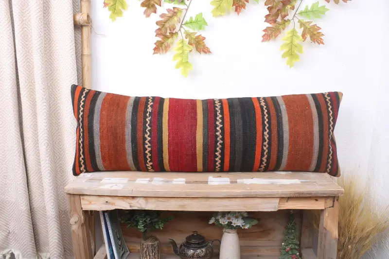Turkish Kilim Pillow, Traditional Cushion Cover, Handmade Cushion Case, 12x36 Red Cushion, Ethnical Kilim Rug Pillow, Pillow for Couch, Pillow Sham - 1
