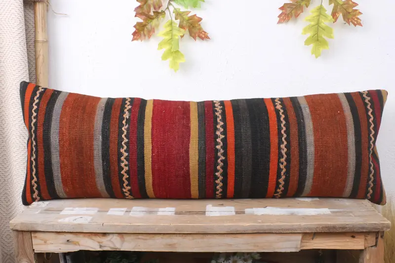 Turkish Kilim Pillow, Traditional Cushion Cover, Handmade Cushion Case, 12x36 Red Cushion, Ethnical Kilim Rug Pillow, Pillow for Couch, Pillow Sham - 2