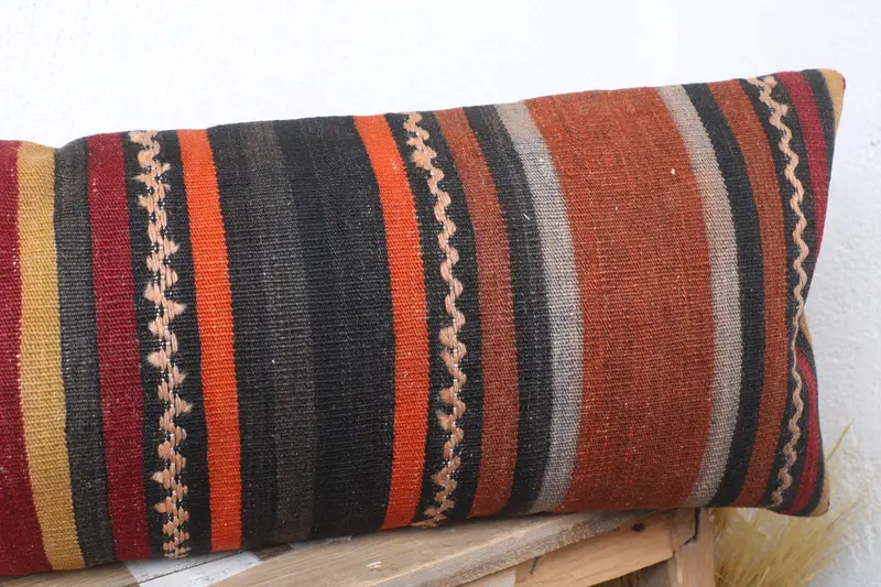 Turkish Kilim Pillow, Traditional Cushion Cover, Handmade Cushion Case, 12x36 Red Cushion, Ethnical Kilim Rug Pillow, Pillow for Couch, Pillow Sham - 5
